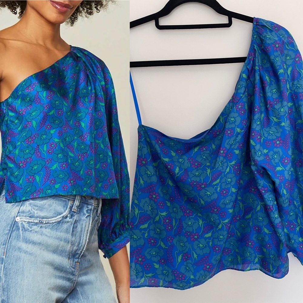 New! Veronica Beard Women’s Size 12 Lyric One-Shoulder 100% Silk Top Cobalt